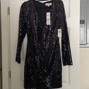 Dress the Population NWT black multicolored v-neck long sleeve mini dress “Maya”